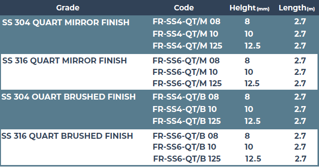 STAINLESS STEEL QUART SHAPE PROFILE FOR WALLS